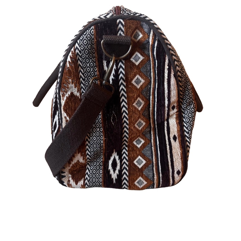 World Market Aztec Print Brown White Tan Weekender Tote Full Zip Closure - Picture 5 of 9